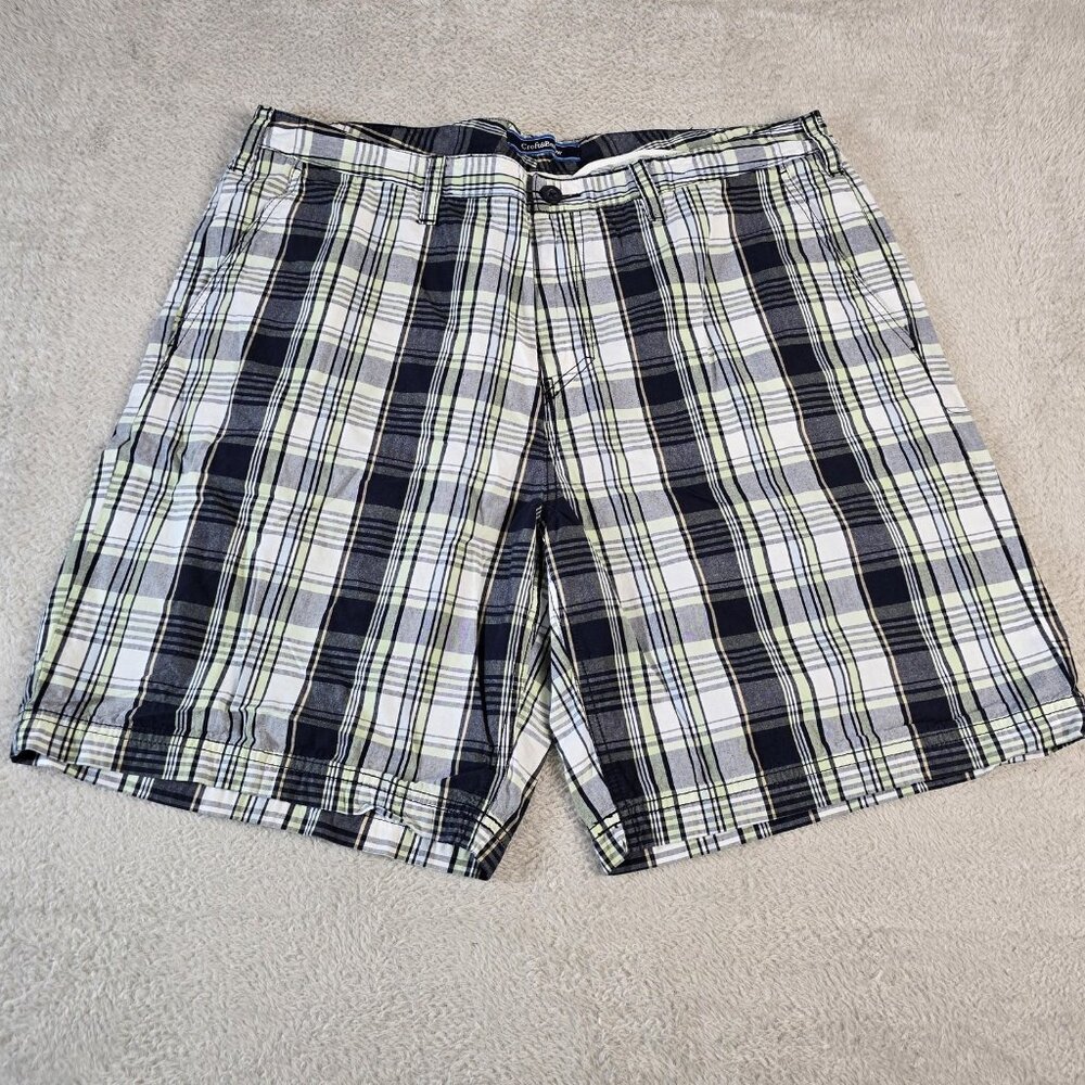 Croft & Barrow Shorts Mens 38 Blue Green White Plaid Flat Front Casual Cotton